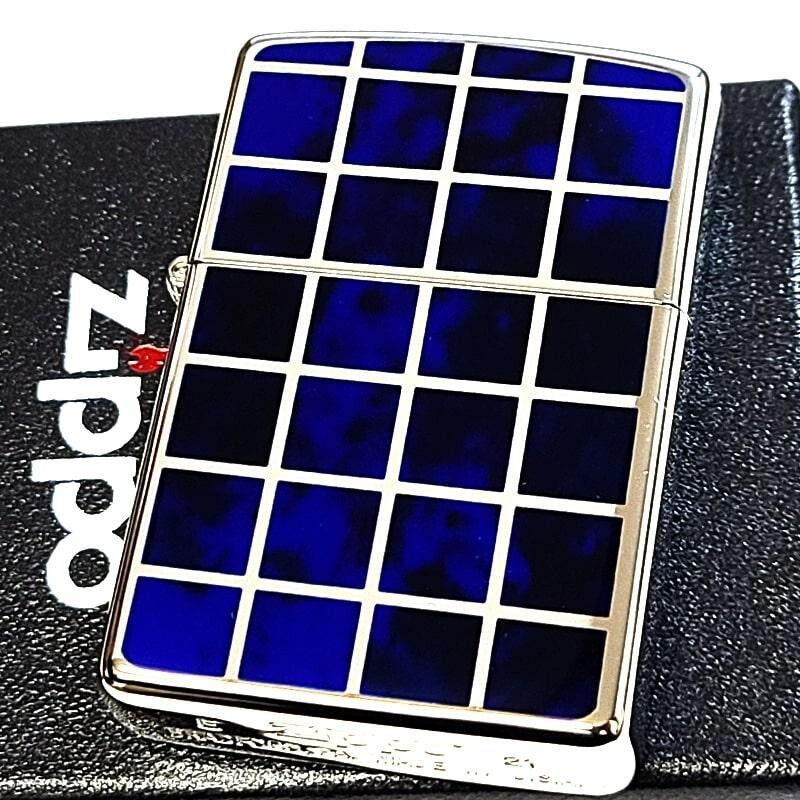 Zippo Check Pattern Silver Blue Marble Lacquer Finish Regular Lighter Japan