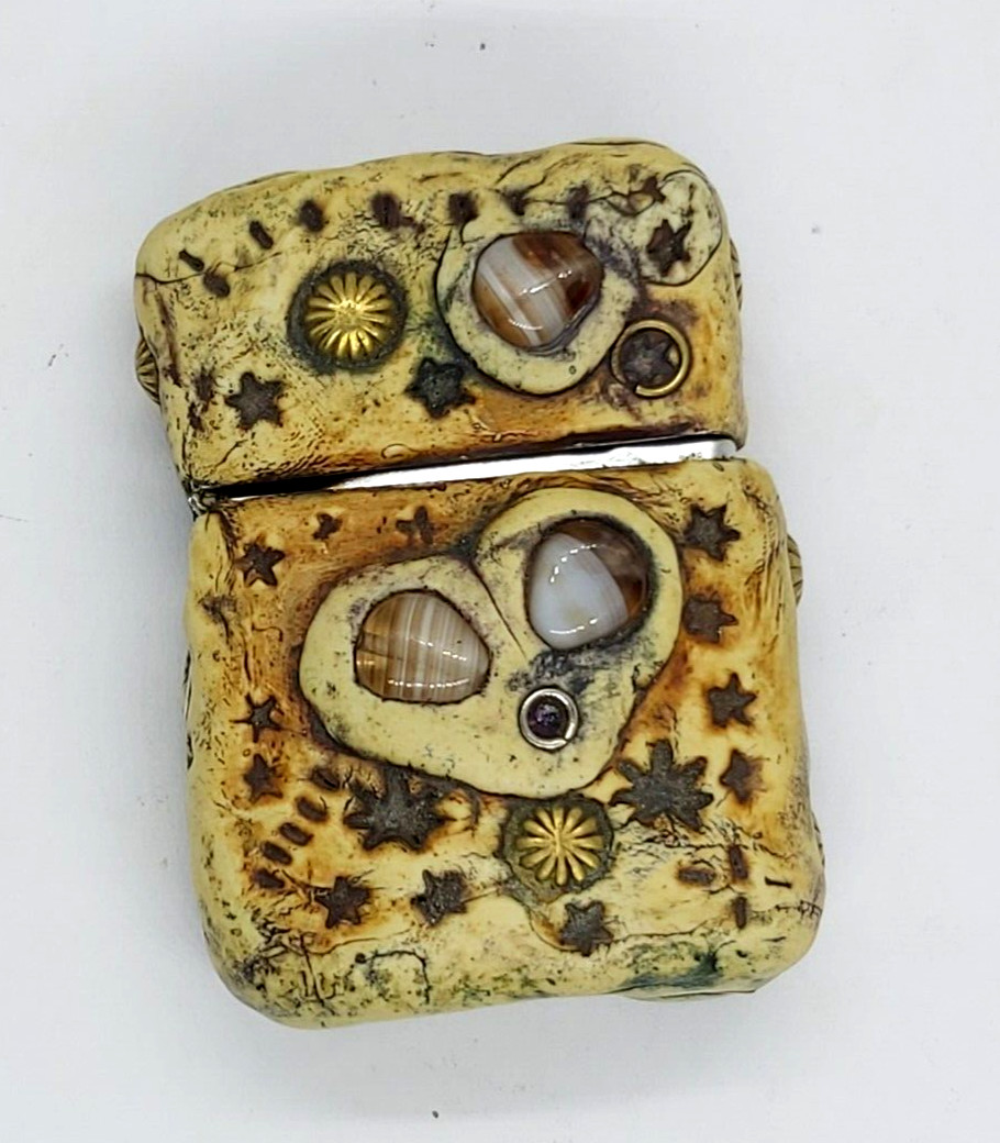 Ancient African Zippo Lighter With Bone Case Decorated Enamel Brass & Seashell