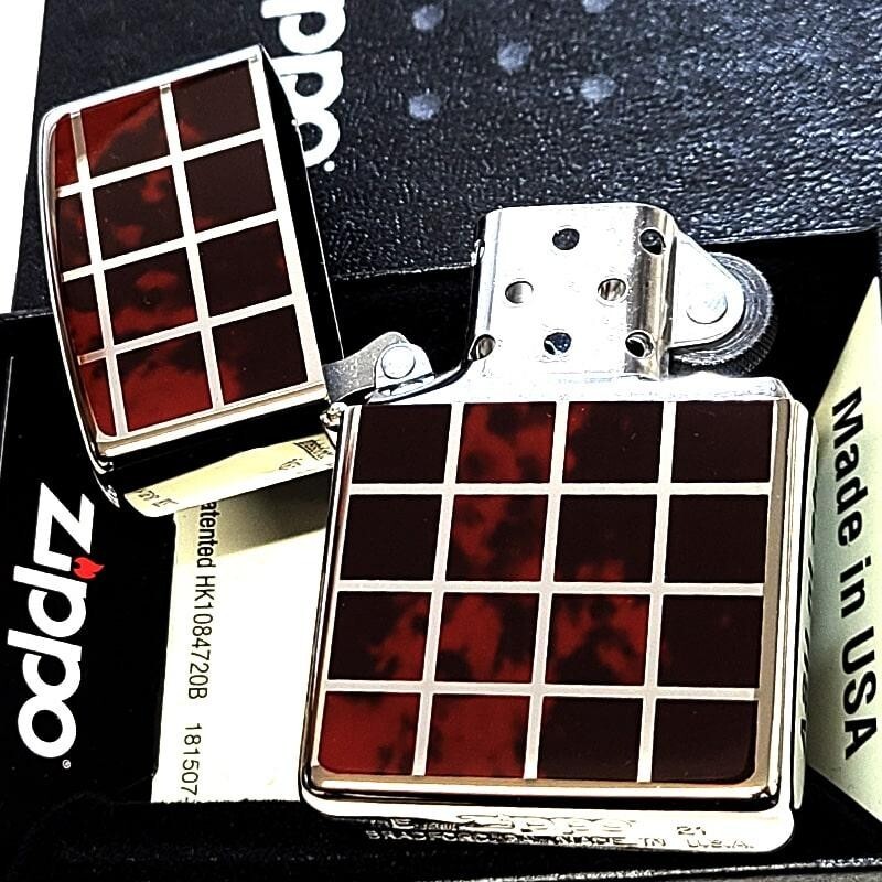 Zippo Check Pattern Silver Red Marble Lacquer Finish Regular Lighter Japan