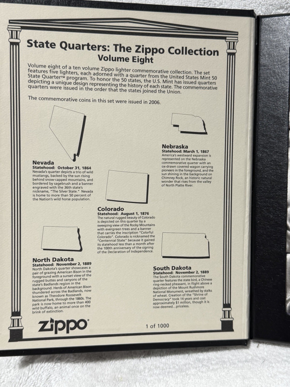 Vintage 2006 State Quarters 1 Of 5,000 Zippo Lighter Collection Set Volume 8 NEW