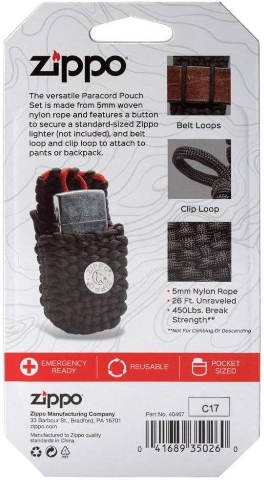 Zippo Paracord Lighter Pouch With Belt Loops, Black & Red, 40467, New In Box