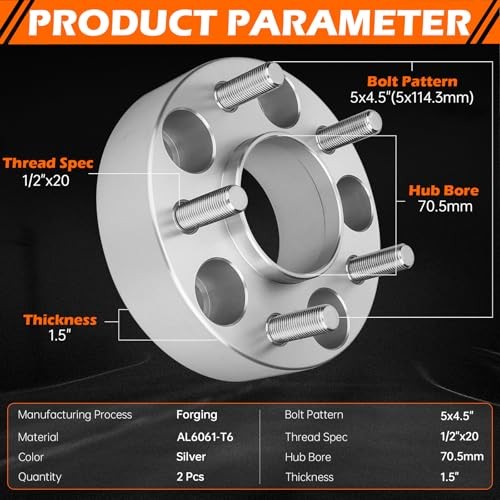 5×4.5 Wheel Spacers with 1/2″x20 Studs, 70.5mm CB, 1.5″ Thick-Sliver-2PCS