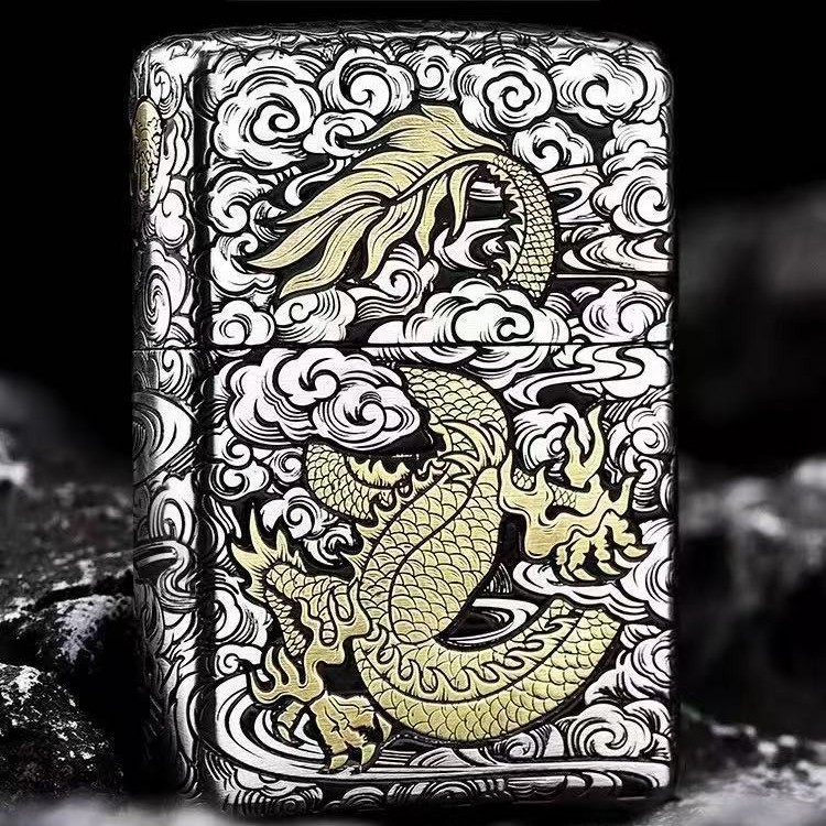 Zippo Gold-Inlaid Heavy Armor Chinese Dragon Engraved Lighter Gift & Collectible