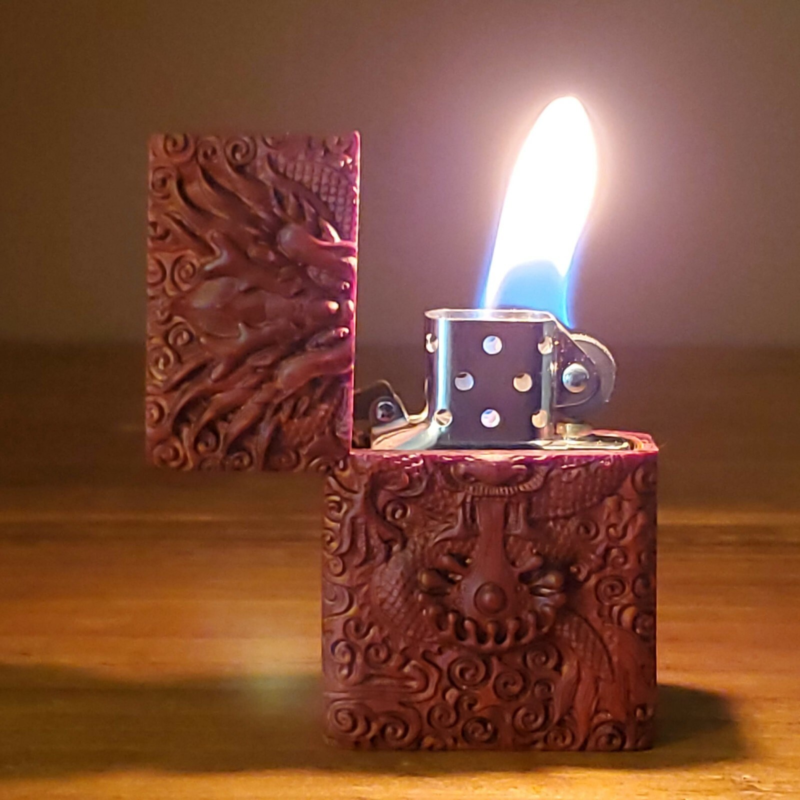 Carved Wooden Dragon Zippo Lighter Case Cover + Traditional Original Insert Rare