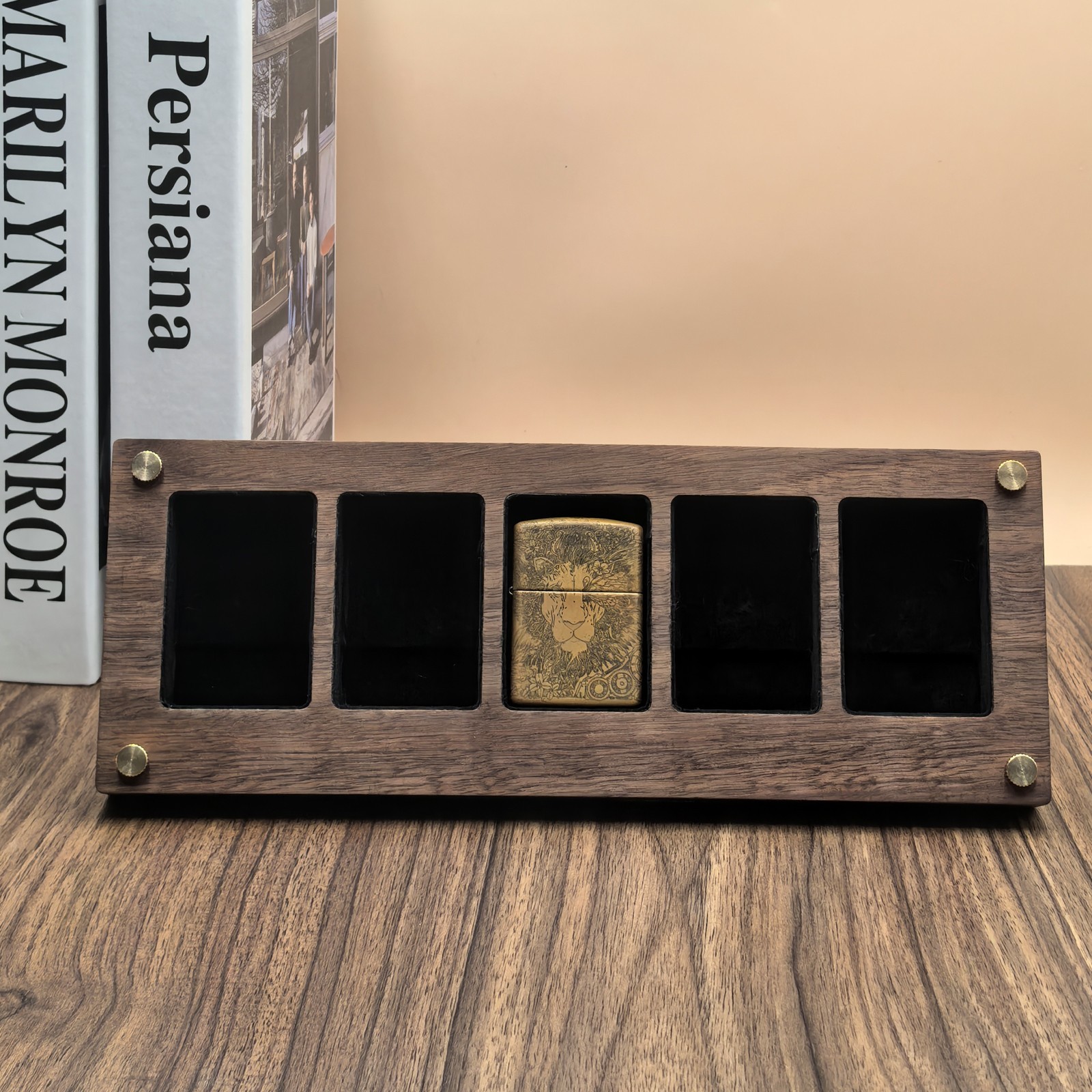 5 Slot Black Walnut Lighter Collection Display Case – For Zippo Lighters