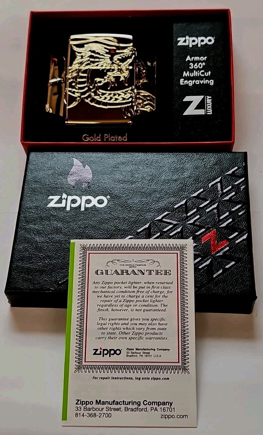ZIPPO LIGHTER CHINESE DRAGON GOLD PLATED ARMOR 360° MULTICUT ENGRAVING NEW