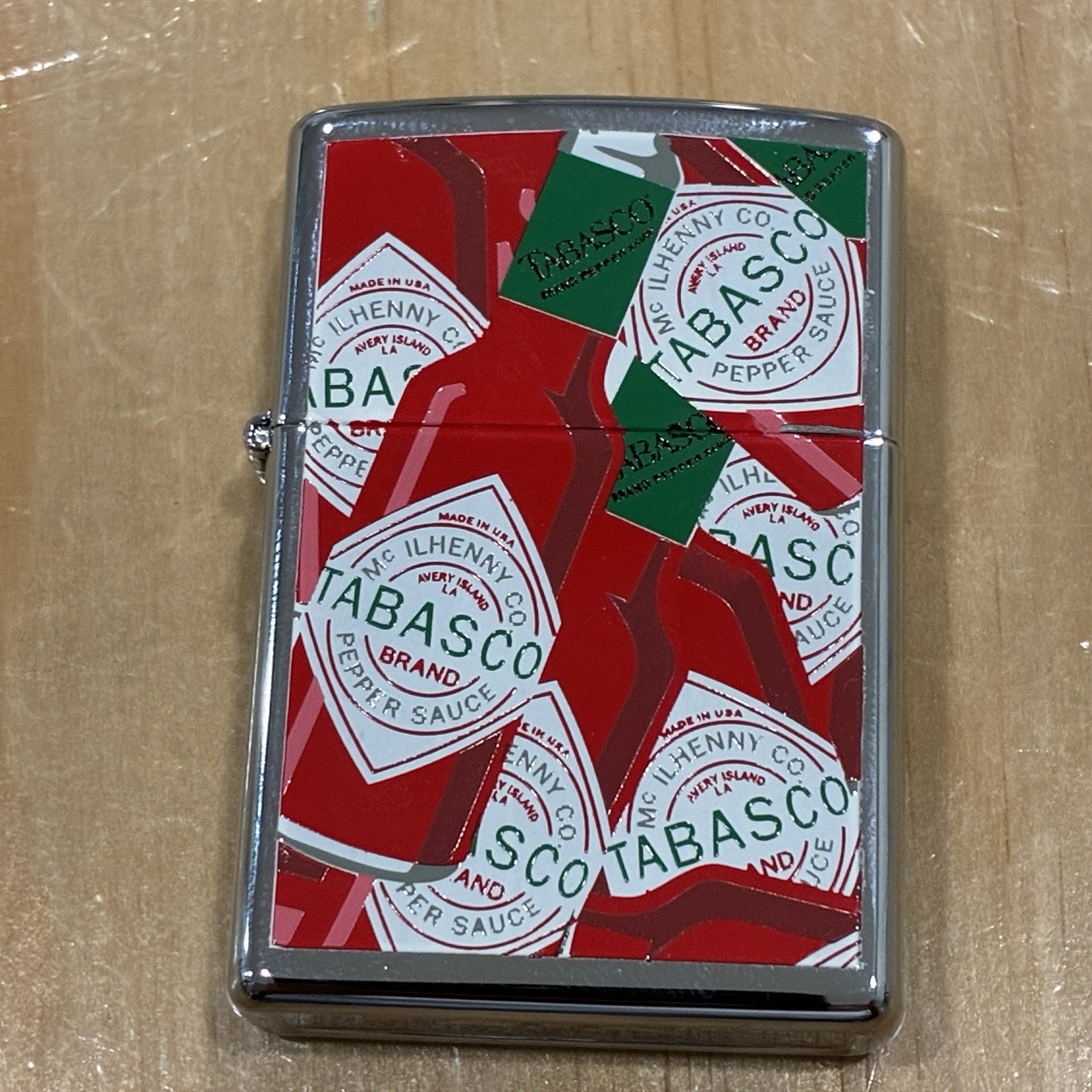 Vintage 1997 Zippo Lighter Tabasco Brand Collage Design Chrome USA Made