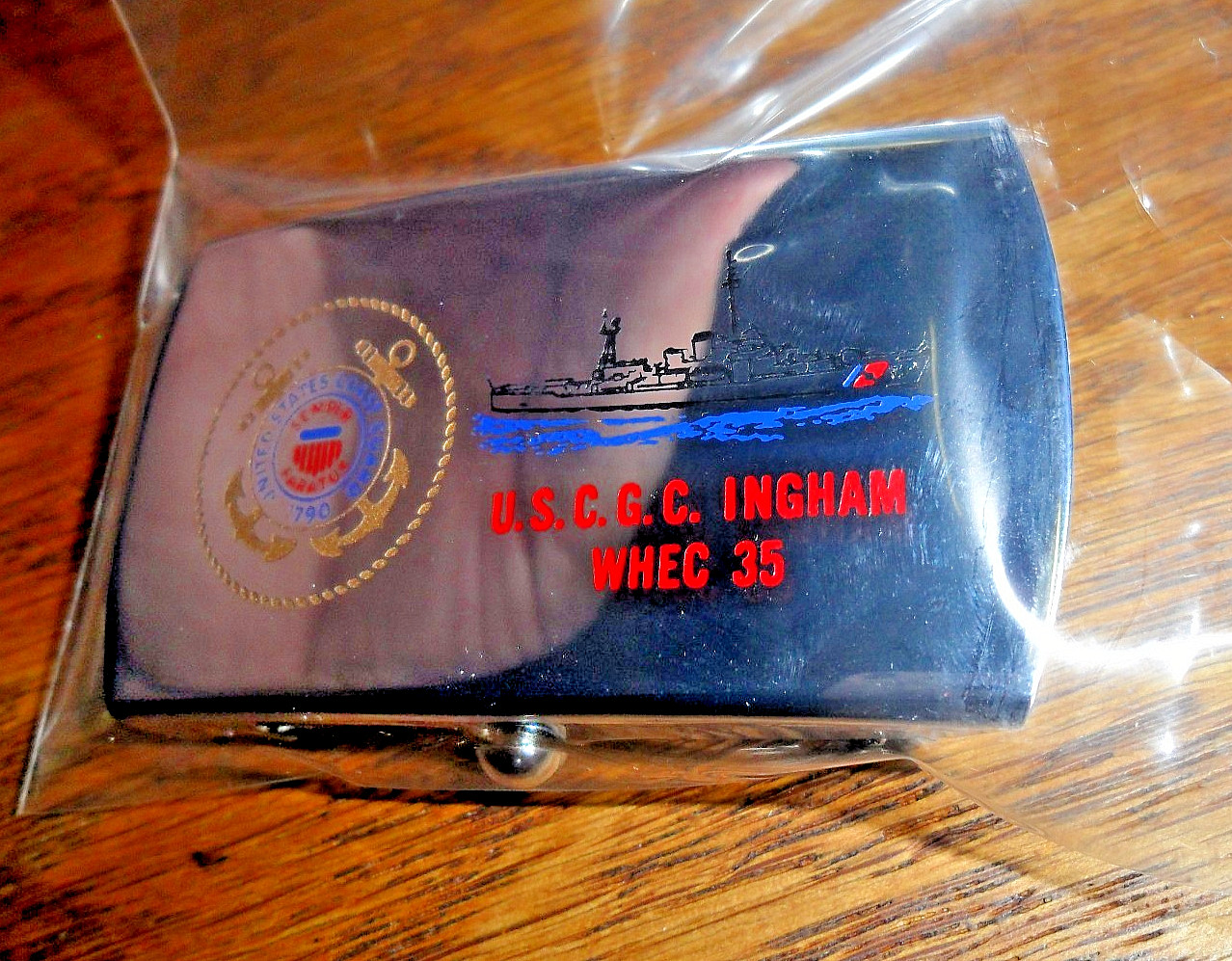 Vintage USCGC INGHAM WHEC 35 Chrome Zippo Belt Buckle MINT USCG Coast Guard
