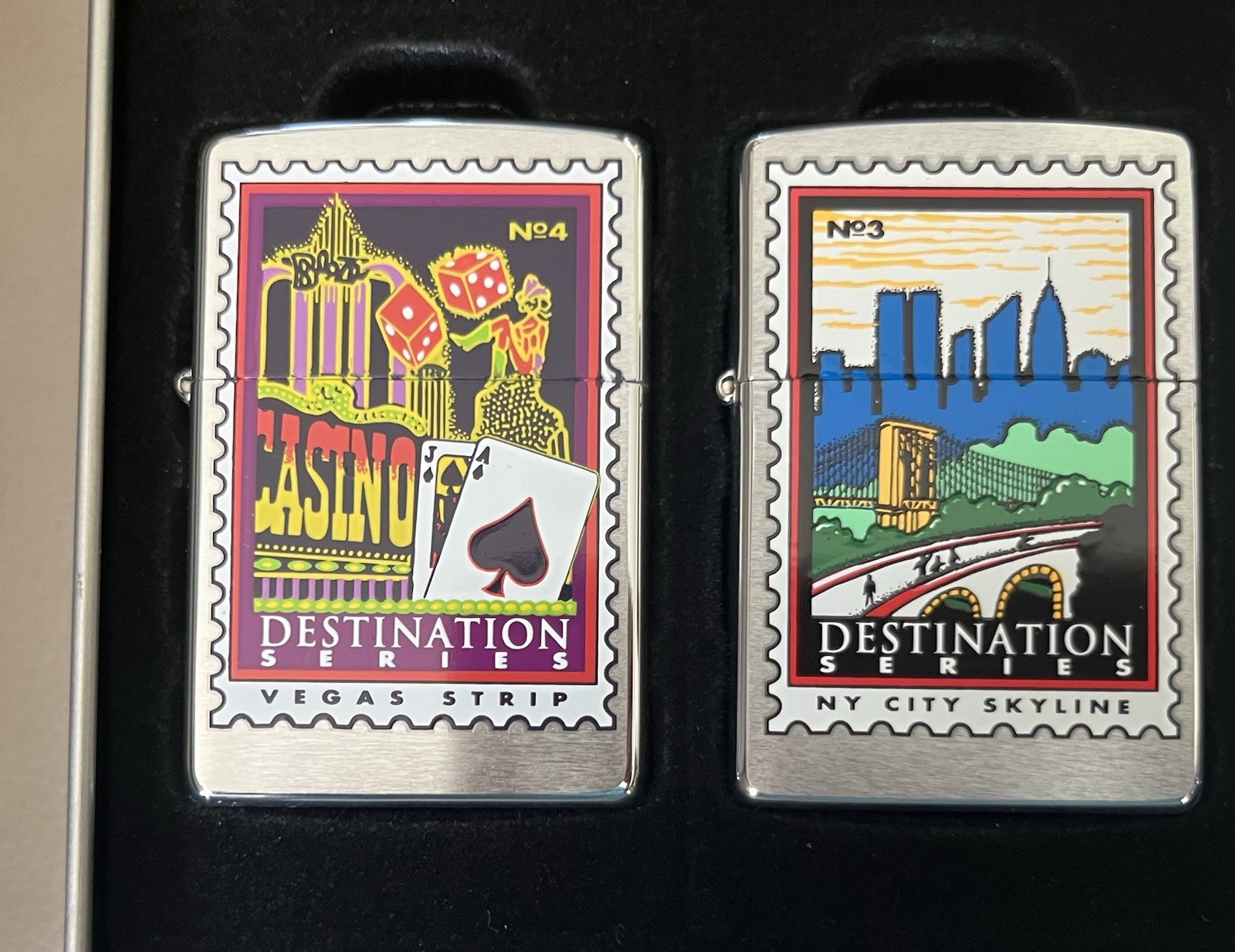 New Zippo Destination Series 4 Lighter Set SF New Orleans NYC Las Vegas Tin Box