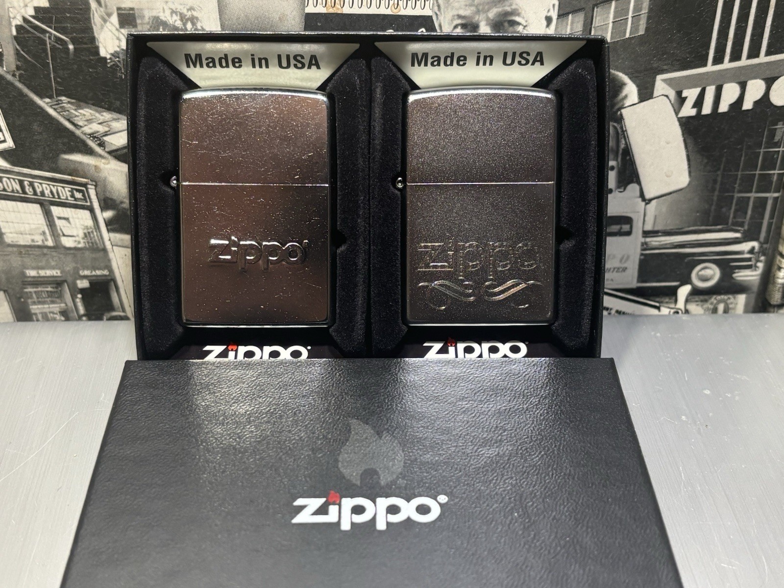 Zippo Collectors Set Of 2 Zippo Logo Lighters, Chrome New In Box