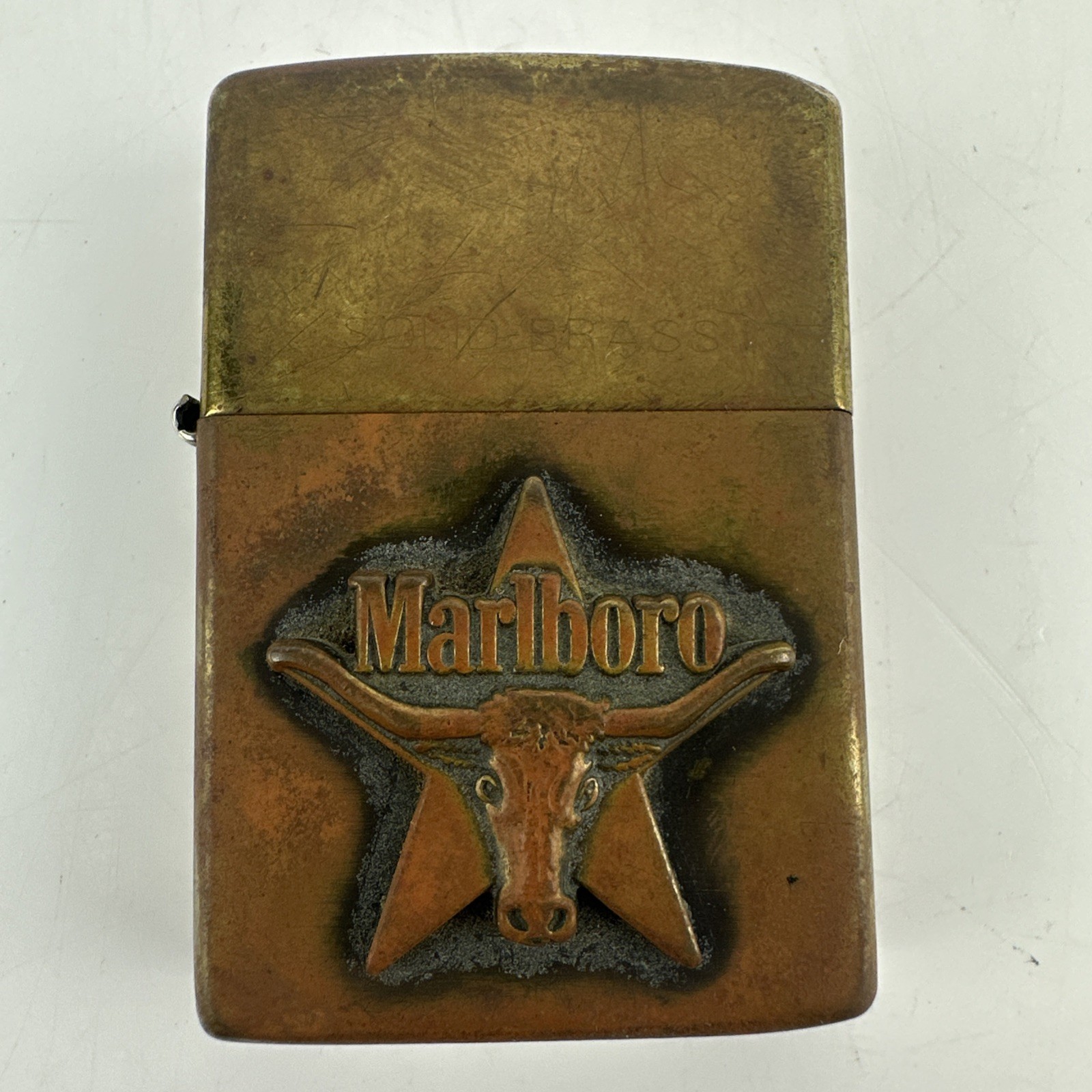 Zippo Solid Brass Marlboro Embossed Lighter W/Box NOT ENGRAVED 1991 Free Ship