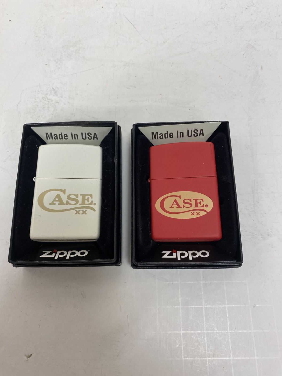 PAIR NEW IN BOX ZIPPO LIGHTERS – CASE XX – WHITE & RED