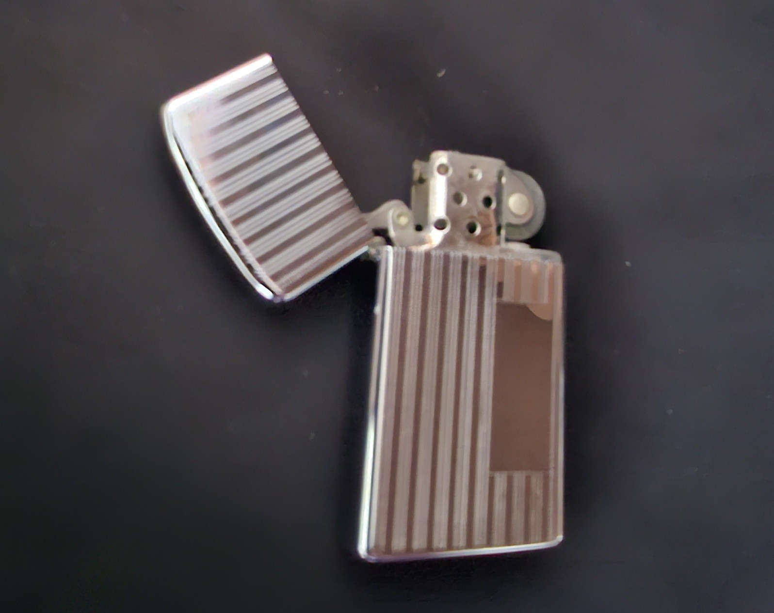 Vintage 1960’s Slim Zippo Pinstripe Horozontal Stripe Lighter Silver