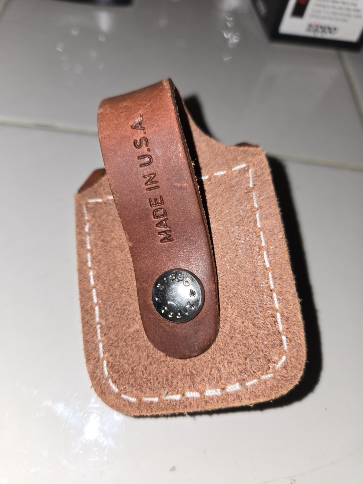 Brown Leather Zippo Pouch. Button Close