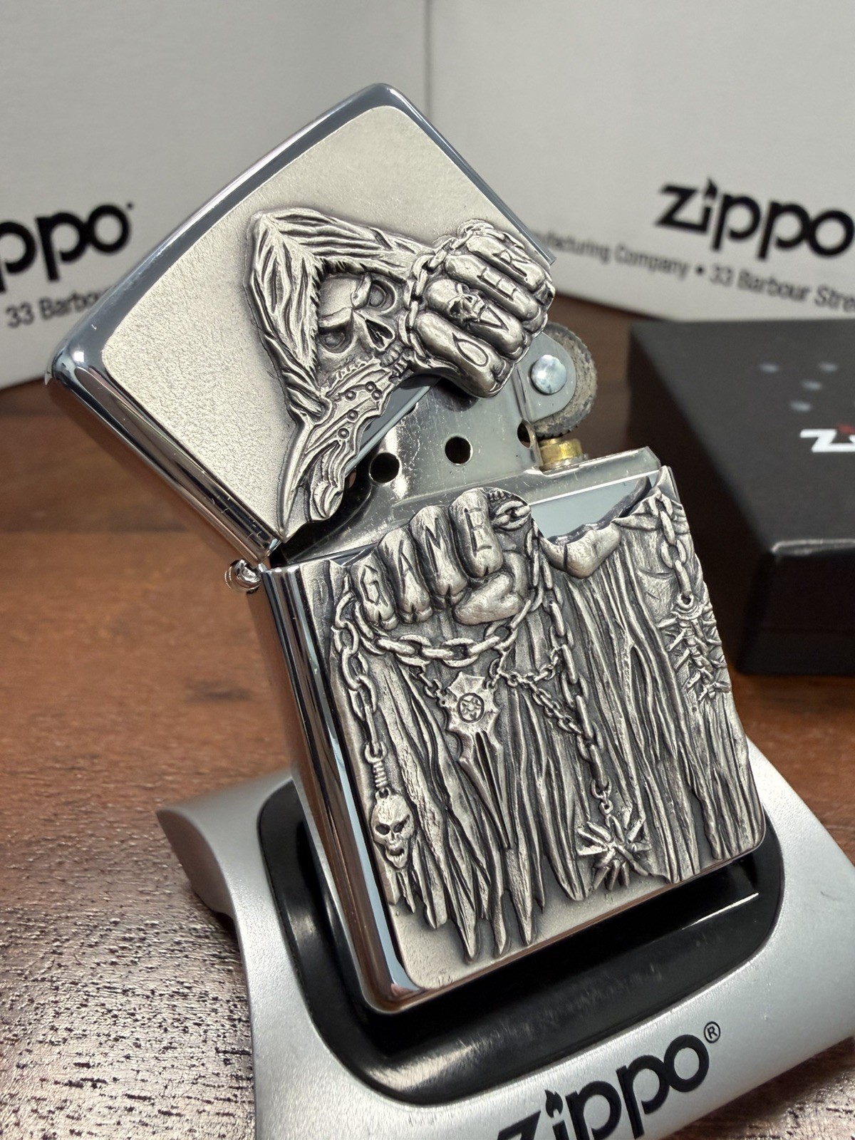 GENUINE Zippo Lighter GRIM REAPER GAME OVER Polished Chrome 2007 NEW IN BOX