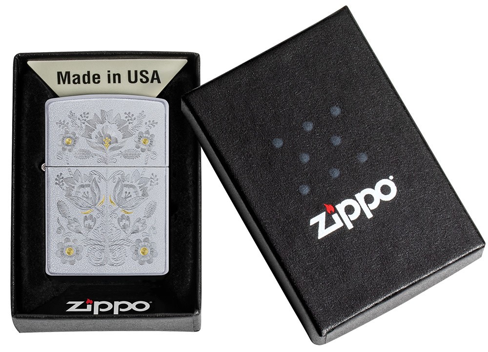 Zippo Painted Floral Design Satin Chrome Windproof Pocket Lighter, 205-086867