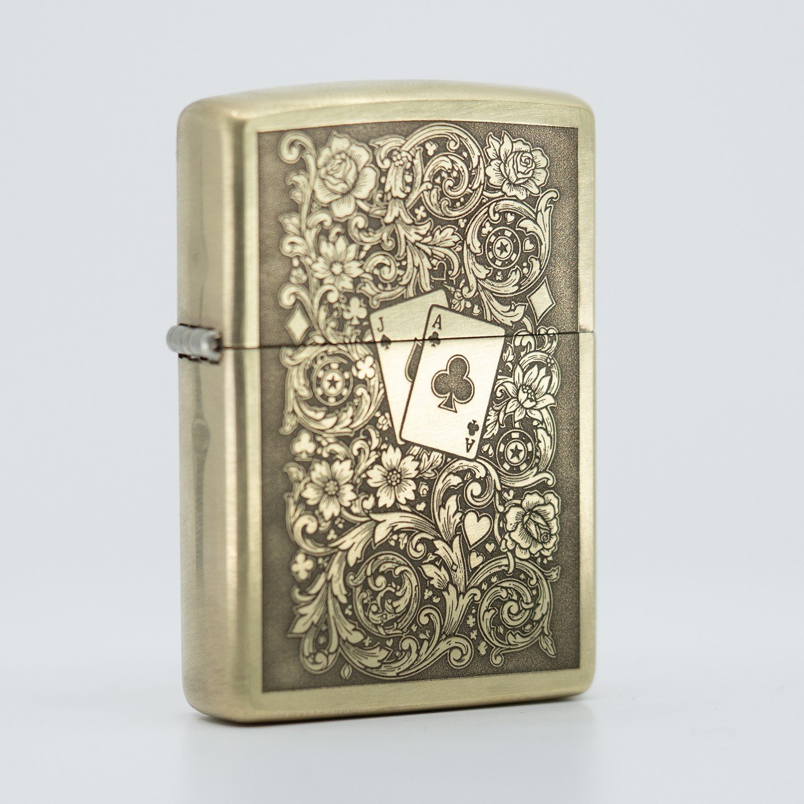 All Brass Zippo Lighter Engraved Black Jack with Scrolls Gambling Theme
