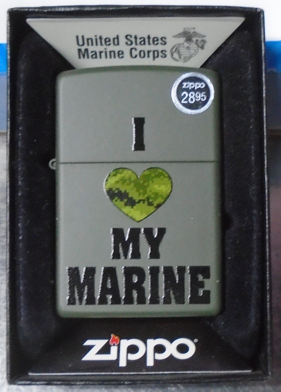 Feb 2012 ZIPPO OFFICIALLY LICENSED MATTE GREEN LIGHTER I LOVE MY MARINE 28338