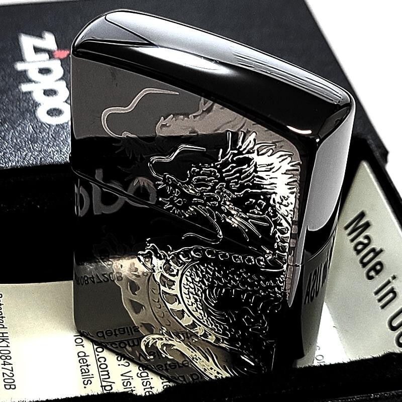 Zippo Dragon Etching Laser Engraving Black Nickel & Silver Regular Lighter Japan
