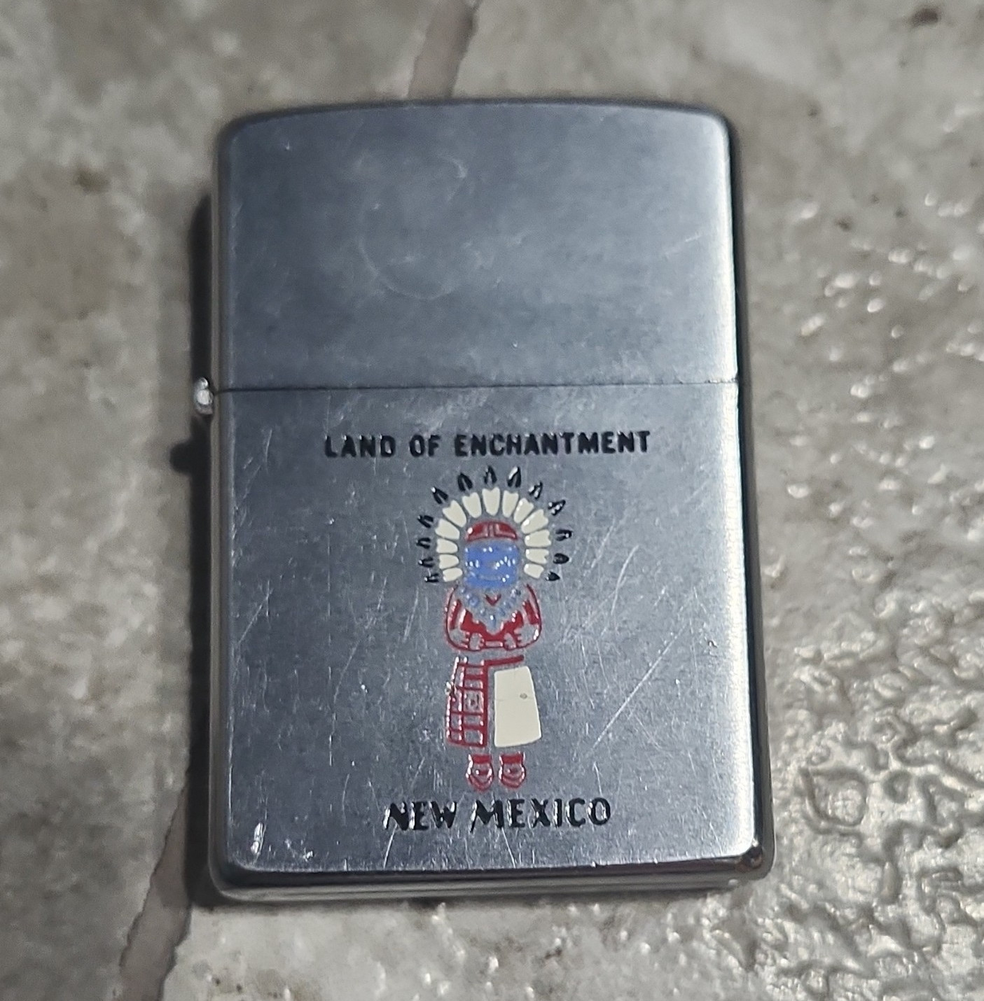 Zippo Flip Lighter Land of Enchantment New Mexico w Native Figure Needs Flint