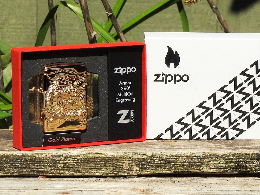 Zippo Lighter – Chinese Dragon – 360 Degrees Multi-Cut Armor Case – Gold Plated
