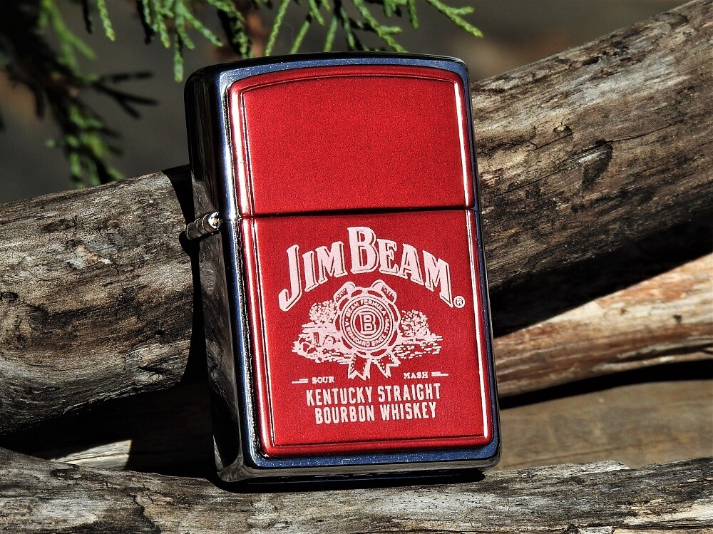 Jim Beam Label Zippo Lighter – Red Anodized – Kentucky Straight Bourbon Whiskey