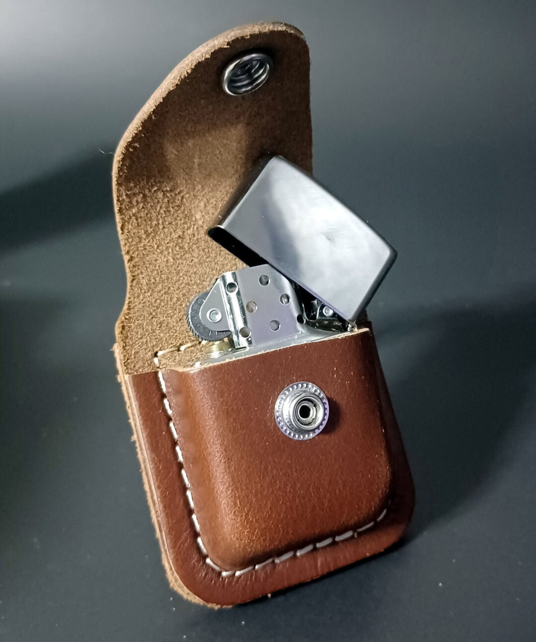 Personalized Genuine Brown Leather Zippo Lighter Pouch with Loop-Custom Engraved