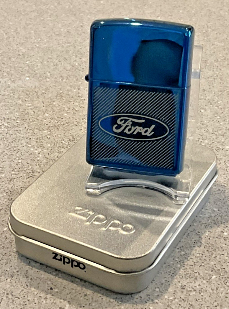 Genuine Brand New 2003 ZIPPO Lighter Unusual FROSTED FORD LOGO Blue Chrome Case