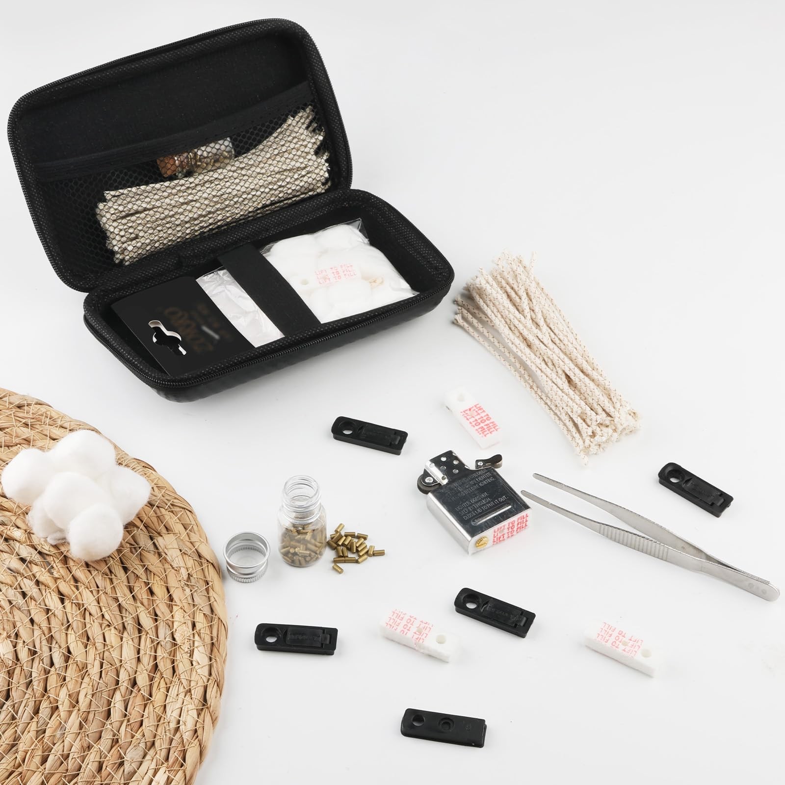Lighter Repair Kit, with Flints, Wicks, Cotton, Screws & Felt Pads – Black