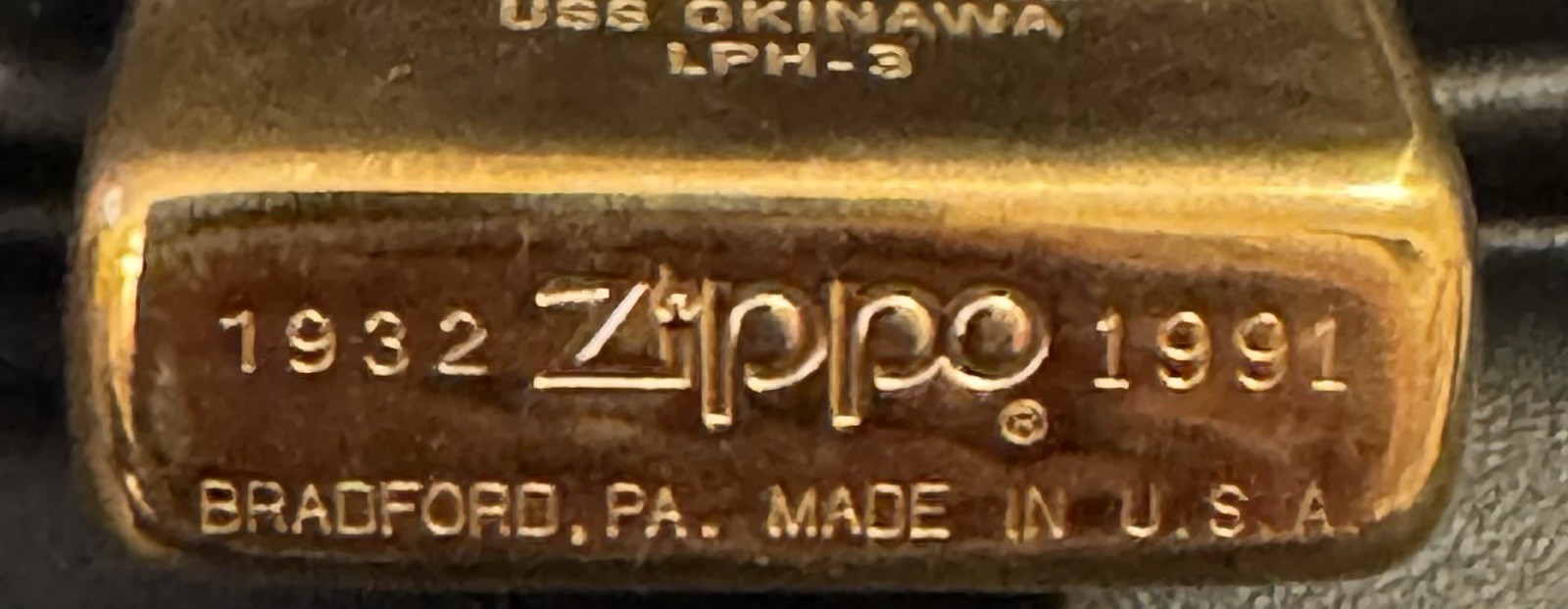ZIPPO 1991 SLIM SOLID BRASS USS OKINAWA LPH3 COMMEMORATIVE LIGHTER W/BOX UNFIRED
