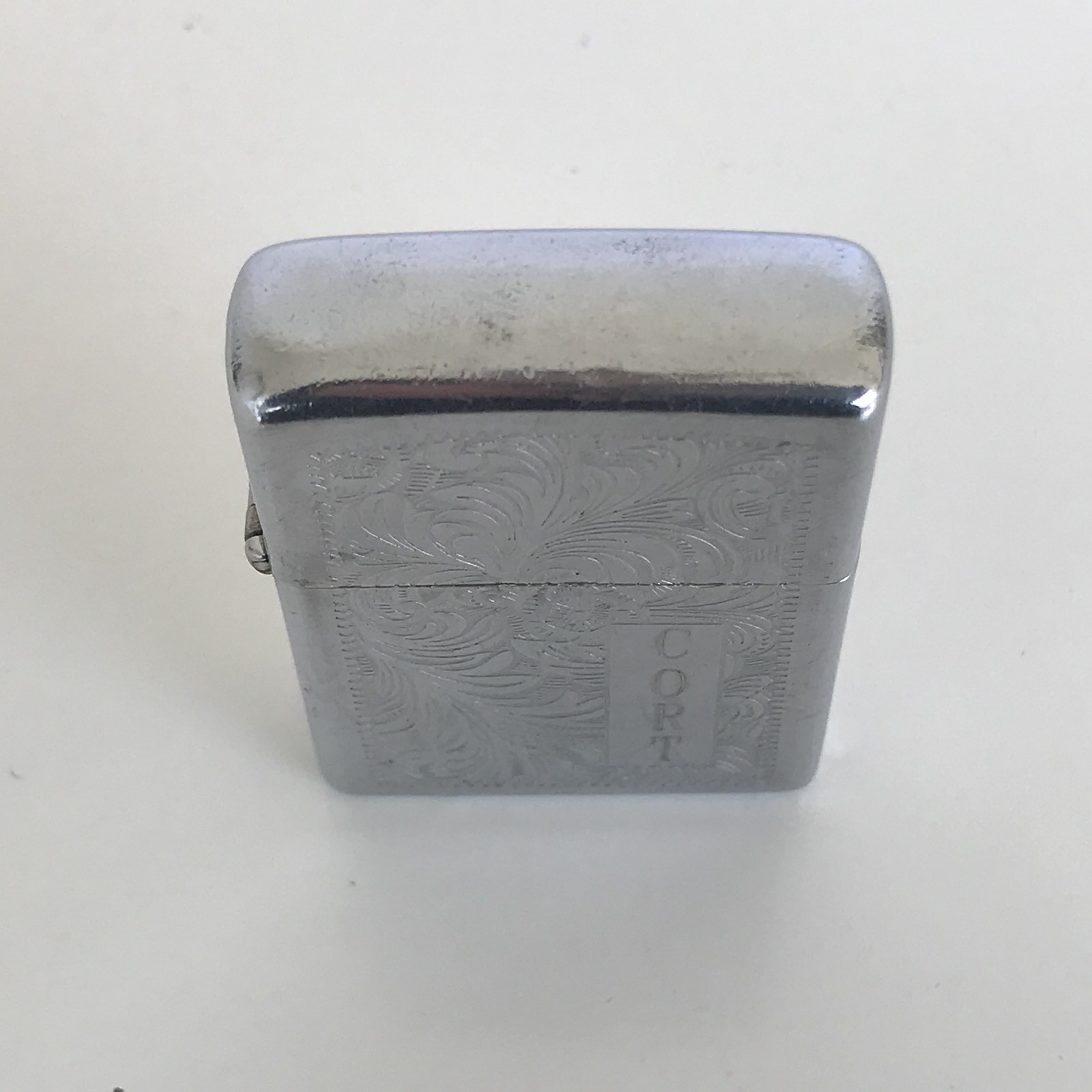 Vintage 1990s Zippo Scrolled Chrome Lighter Monogramed CORT 2 1/4″ X 1 1/2″