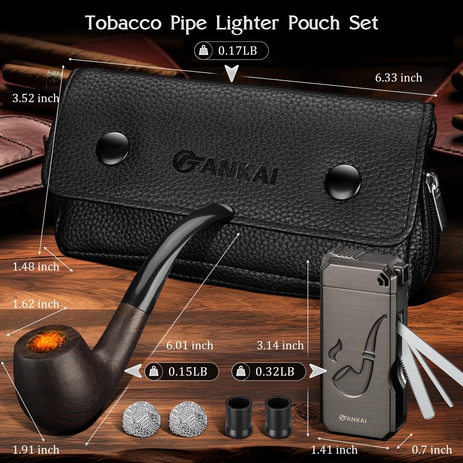 Fankai Pipe Set Complete Wood Pipe Kit Butane Lighter Stand 3 In 1 Cleaning