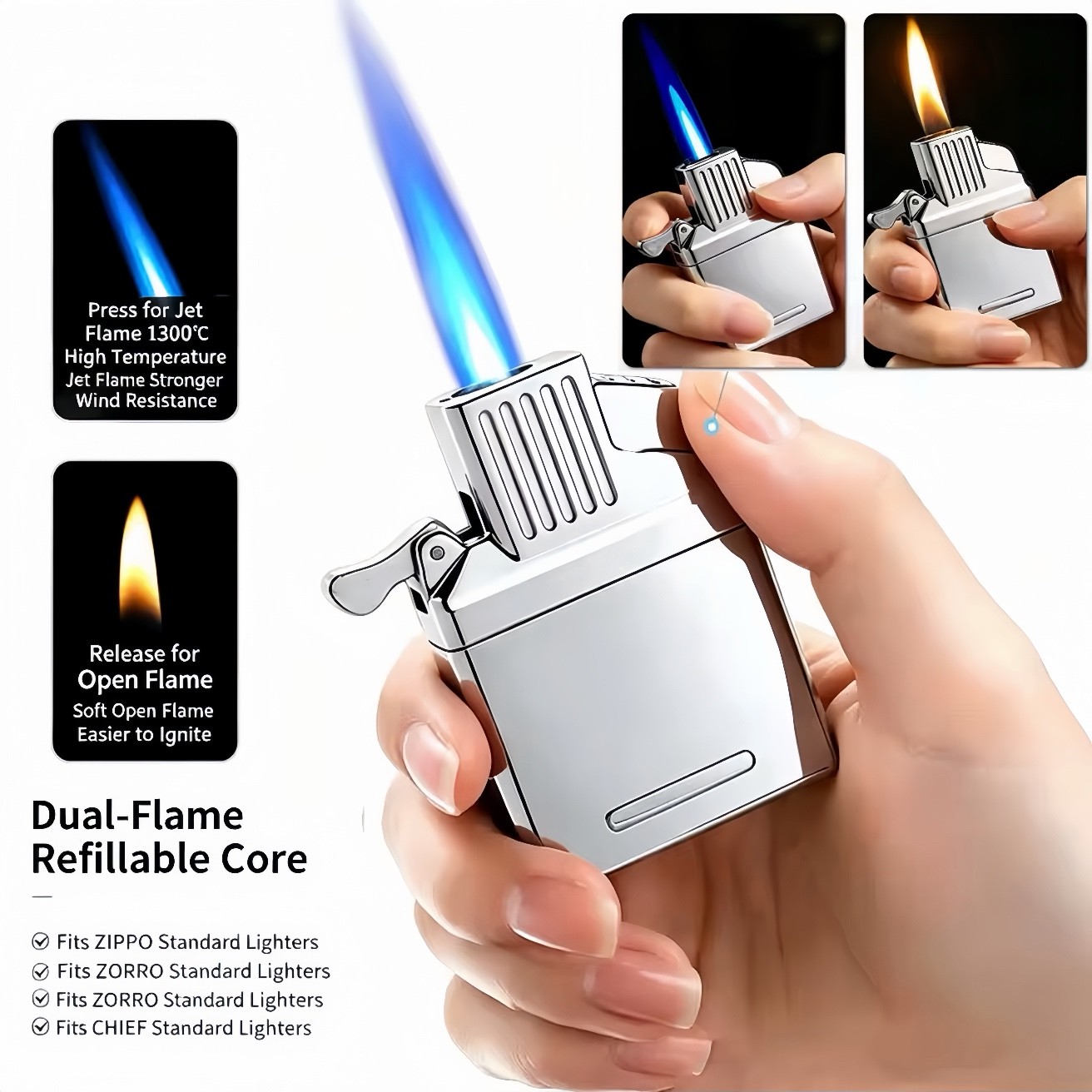 2-in-1 Jet Torch & Soft Flame Refillable Butane Lighter Insert For ZIPPO