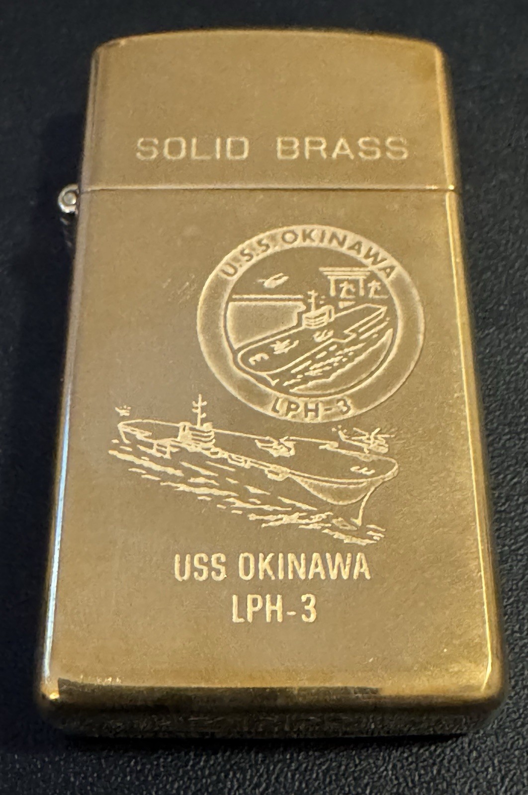 ZIPPO 1991 SLIM SOLID BRASS USS OKINAWA LPH3 COMMEMORATIVE LIGHTER W/BOX UNFIRED
