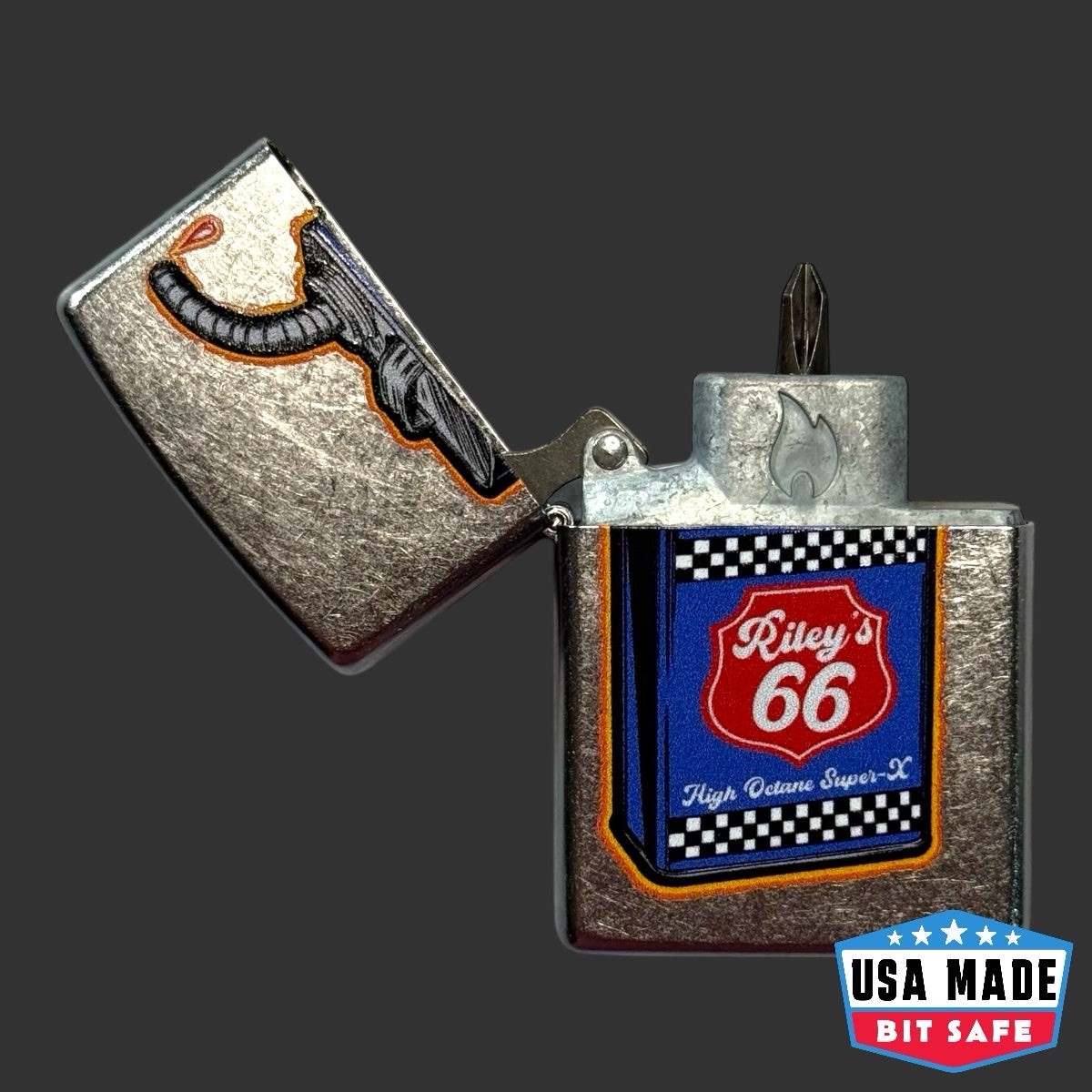 Original Riley’s 66 Zippo – Gas Can – USA Bit Safe Insert – Street Chrome