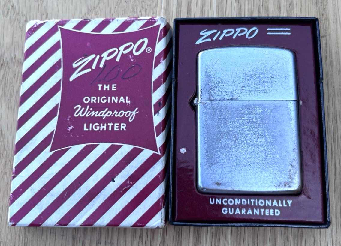 Vintage Zippo Brushed Chrome Lighter w/ Red Stripe Box 1953-1955 2517191