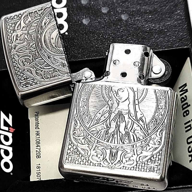 Zippo Ave Maria Amulet Antique Silver Etching One Sided Processing Lighter Japan