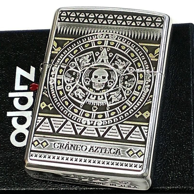 Zippo oil lighter Aztecah Skull Face Both side Etching Silver Cross Japan New
