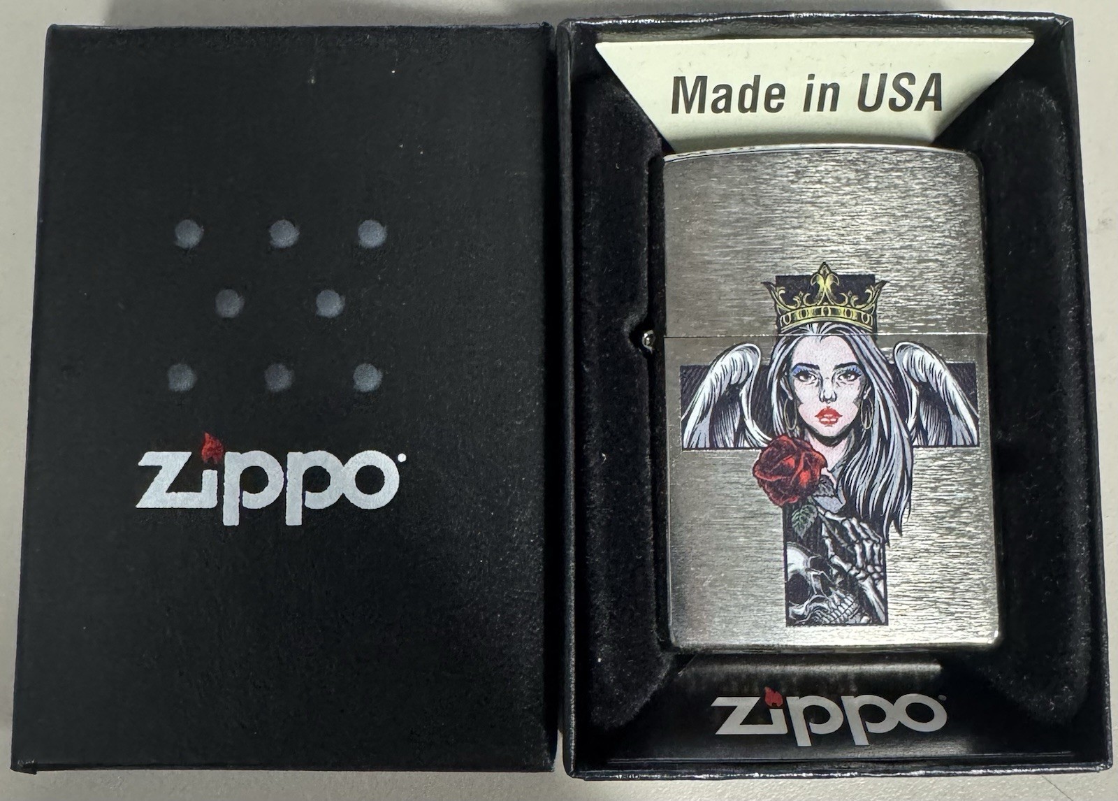 ZIPPO 2020 ANGEL & SKULL CROSS DESIGN BRUSHED CHROME LIGHTER SEALED IN BOX B221