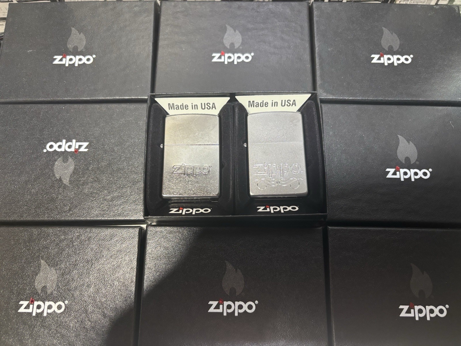 Zippo Collectors Set Of 2 Zippo Logo Lighters, Chrome New In Box
