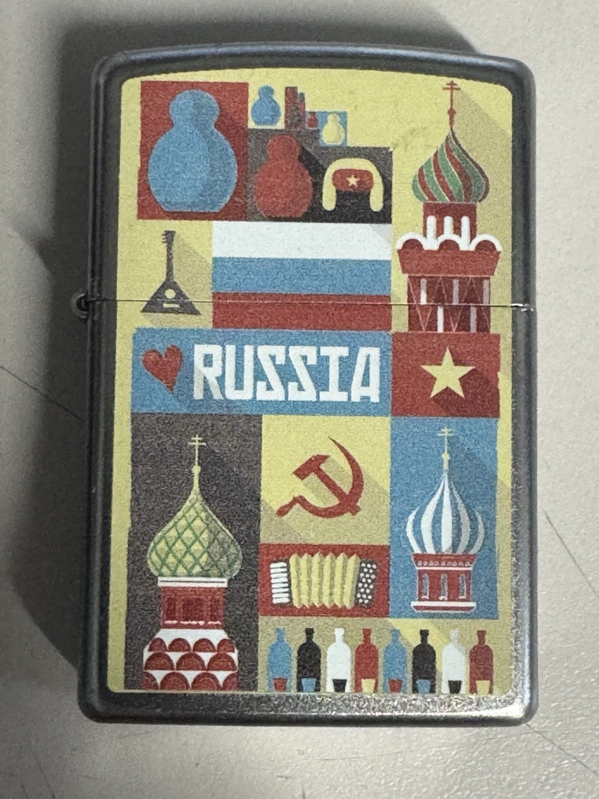 ZIPPO 2015 RUSSIAN COLLAGE SATIN CHROME LIGHTER SEALED IN BOX C967