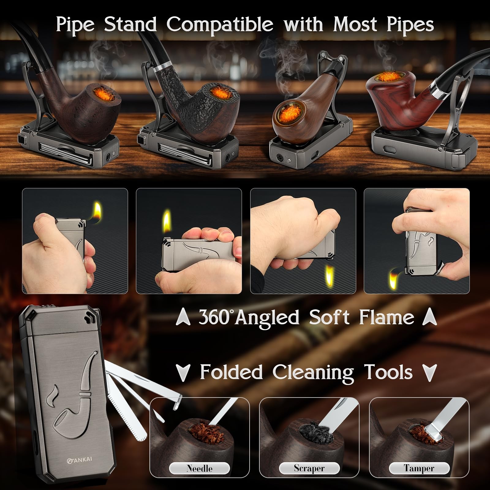 Fankai Pipe Set Complete Wood Pipe Kit Butane Lighter Stand 3 In 1 Cleaning