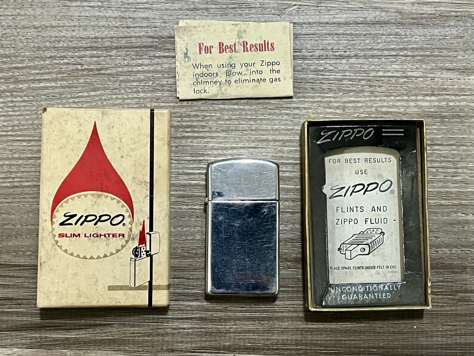 Vintage Mid 1960s Zippo Slim Lighter High Polish w/ Original Box & Papers