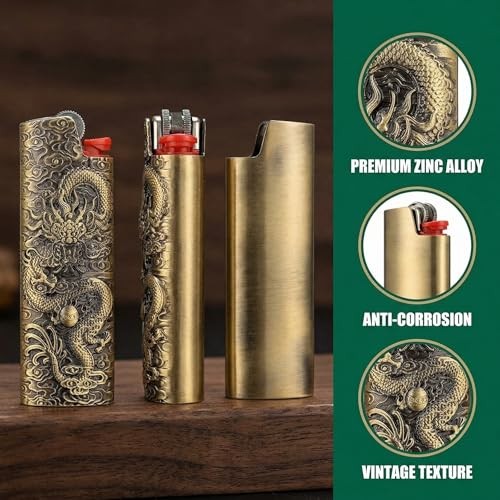 Lighter Case Cover Cases Holder Metal Sleeve Vintage Dragon Engraving for Size