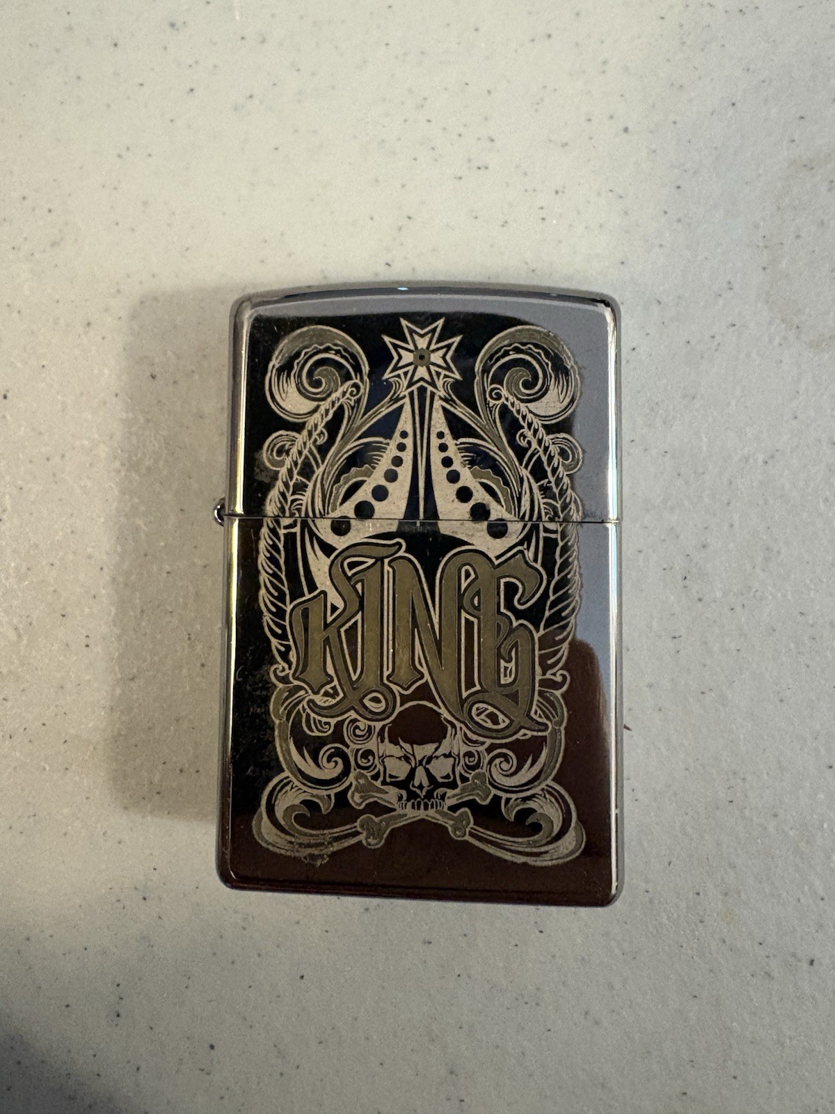 2015 Zippo Lighter: Engraved “King” – Black Ice Gum Metal Color