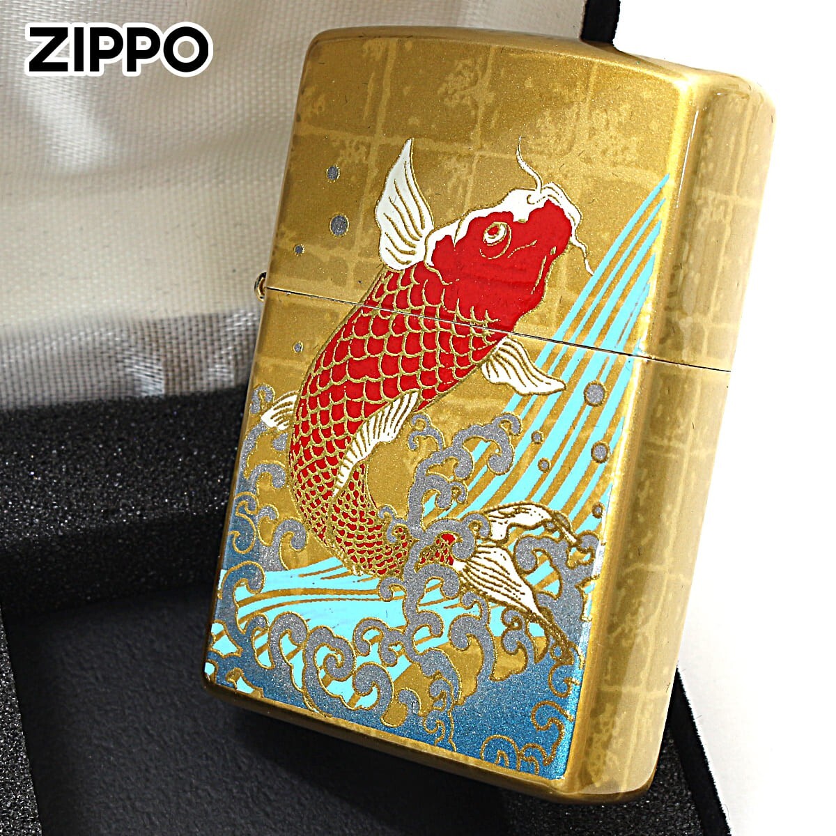 Zippo Rising Carp Gold Lacquered Makie Velor Case Lighter