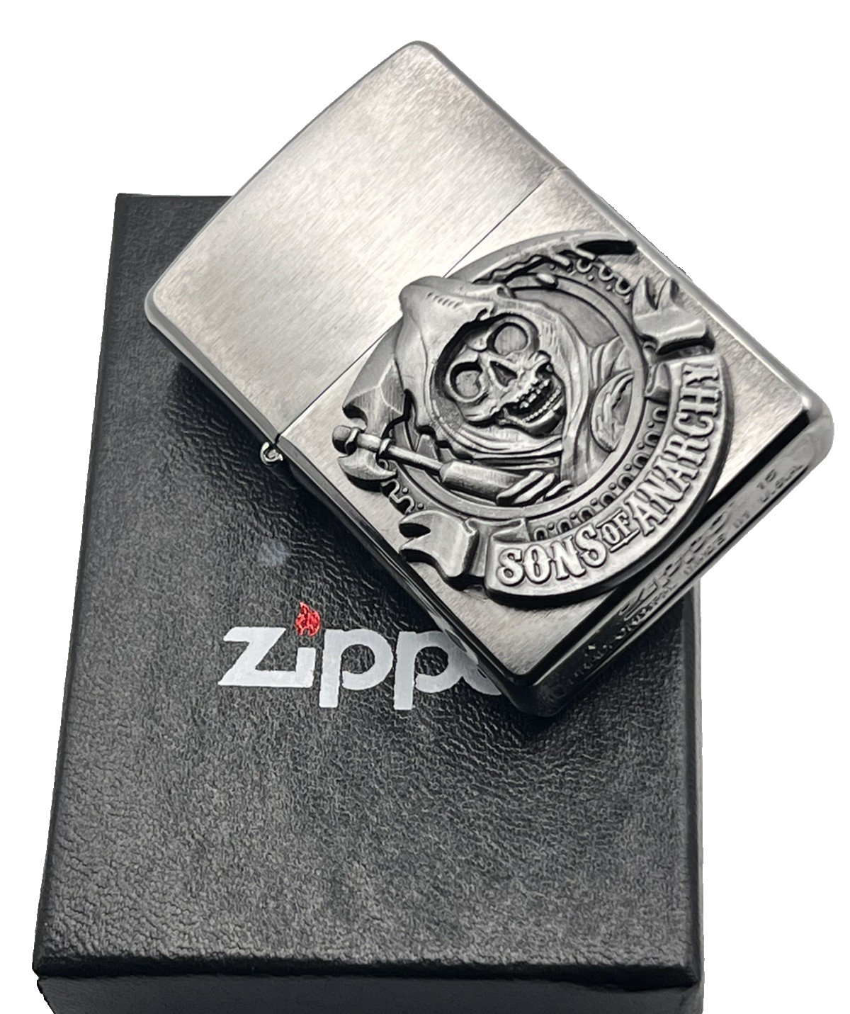Brand New 2015 ZIPPO Lighter Awesome SONS OF ANARCHY EMBLEM Brushed Chrome Case