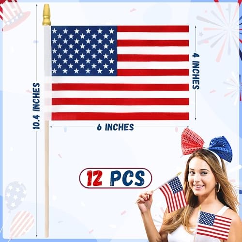 Small American Flags on Stick, 6×4 In 4th of July Decorations, Mini 250 12 Pcs