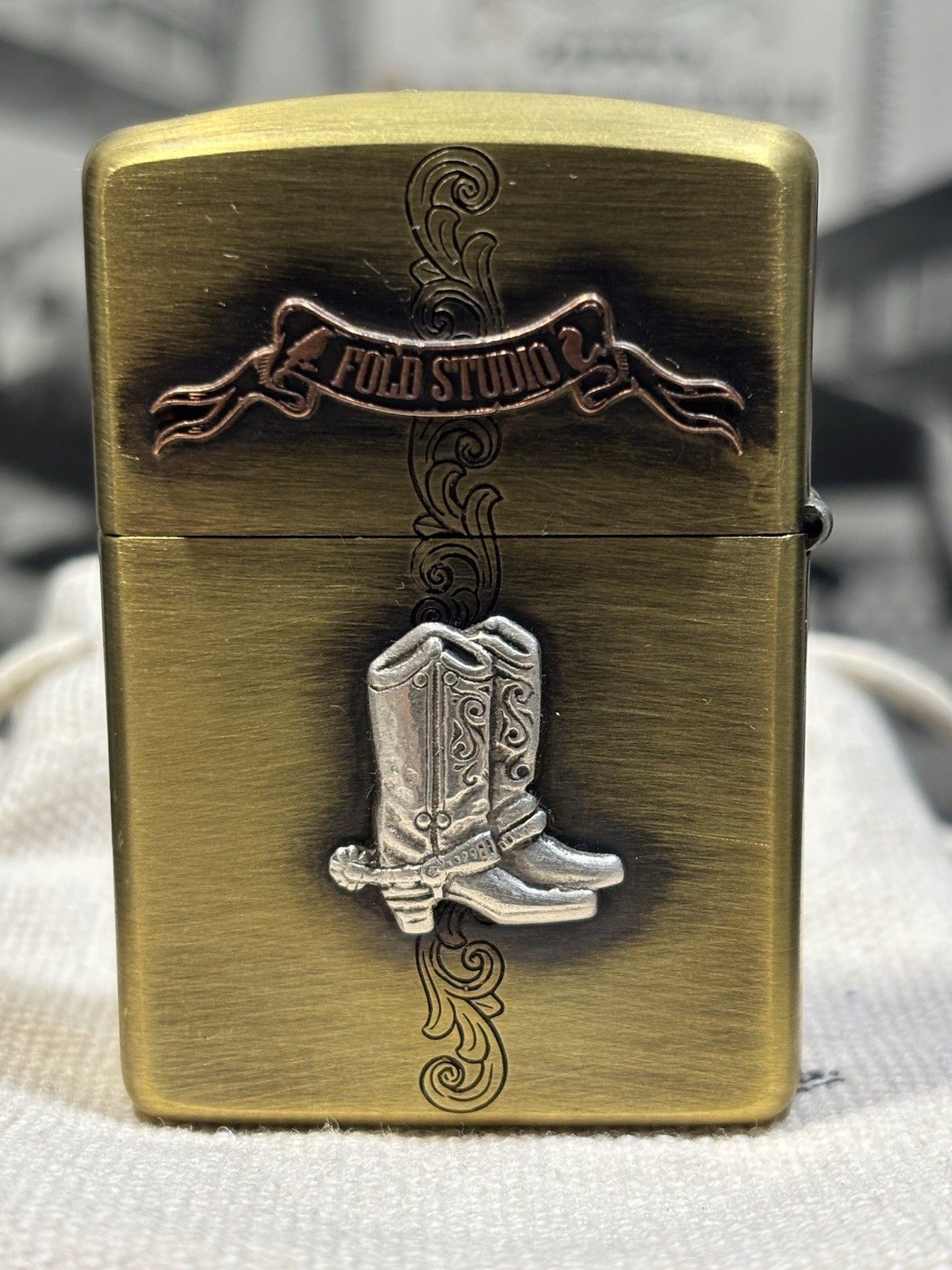 RARE Handmade. Heavy Sterling stamp Western Cowboy Zippo 2-side velvet Box
