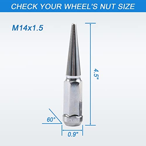 New Wheel Spike Lug Nuts (24pcs) with 1 Socket Key Chrome 14×1.5 4.5 Tall 6